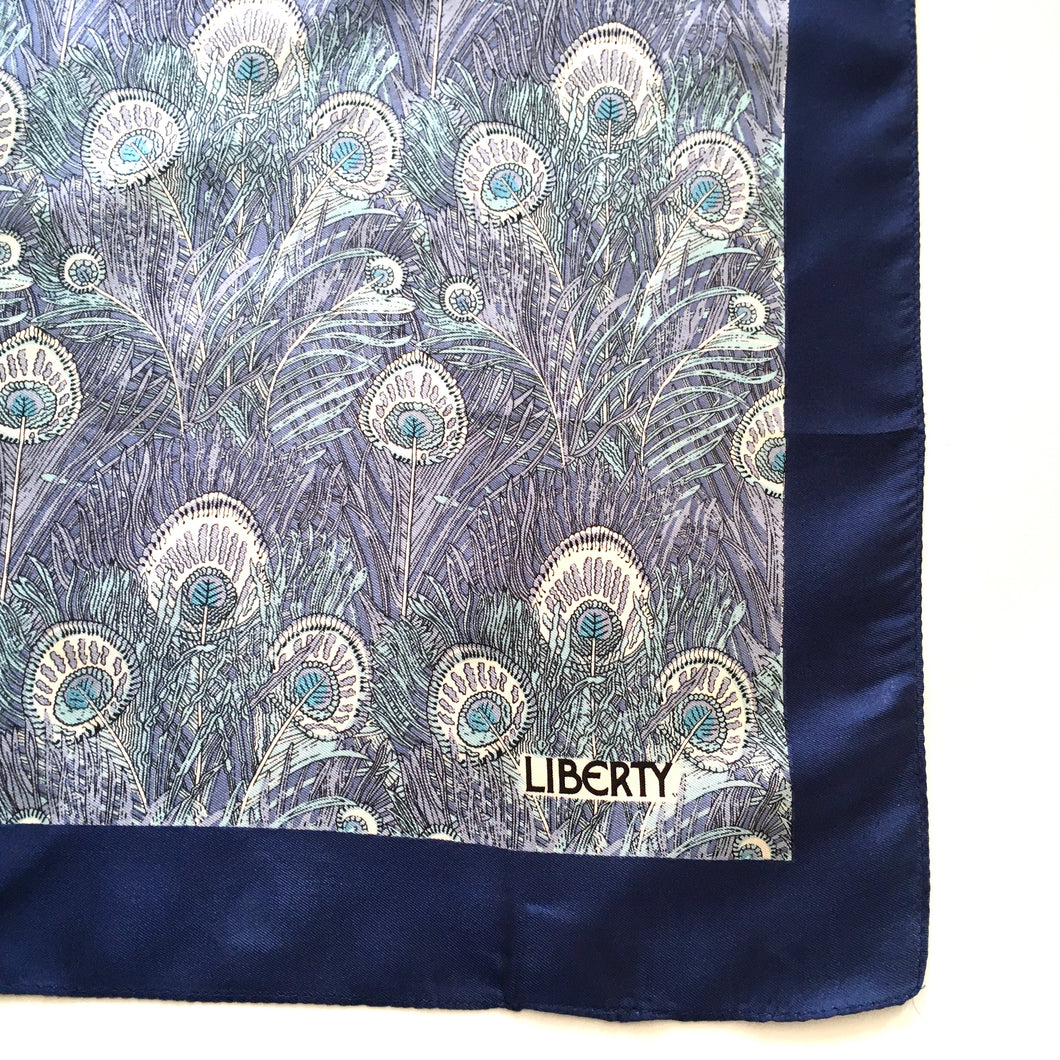 Vintage Liberty of London Silk Scarf in Iconic 'Hera' Peacock Feather Design in Royal Blue, Silver Grey, Turquoise-Scarves-Brand Spanking Vintage