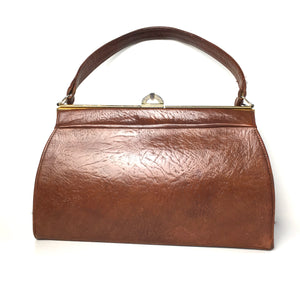 Vintage 40s 50s Miss Marple Tan Textured Leather Large Top Handle Bag-Vintage Handbag, Kelly Bag-Brand Spanking Vintage
