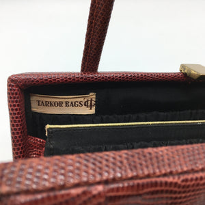 Vintage 30s/40s Cute Dark Rust Red Lizard Skin Handbag w/ Matching Coin Purse On Chain By Tarkor-Vintage Handbag, Exotic Skins-Brand Spanking Vintage