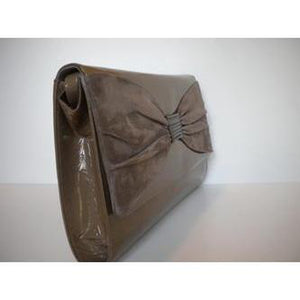 Bruno Magli Taupe 80s/90s Patent Leather And Suede Large Clutch w/ Optional Shoulder Strap, Unused w/ Dust Bag-Vintage Handbag, Clutch Bag-Brand Spanking Vintage