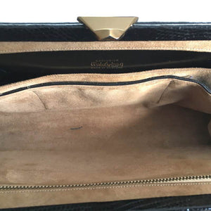 Exquisite Vintage 50s/60s Long Slim Top Handle Bag By Waldybag In Black Lizard Skin w/ Pale Suede Lining-Vintage Handbag, Exotic Skins-Brand Spanking Vintage