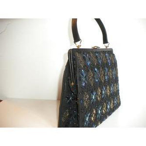 Exquisite Vintage Unused 50s Black Beaded Mrs Maisel Style Handbag, Kelly Bag, Top Handle Bag w/ Matching Coin Purse On Chain-Vintage Handbag, Evening Bag-Brand Spanking Vintage