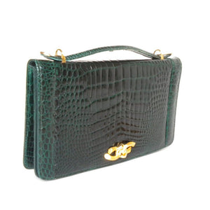 Fabulous Exquisite Vintage 80s Crocodile Skin Clutch/Chain Handbag In Glossy Green Mirror Finish Skins-Vintage Handbag, Exotic Skins-Brand Spanking Vintage