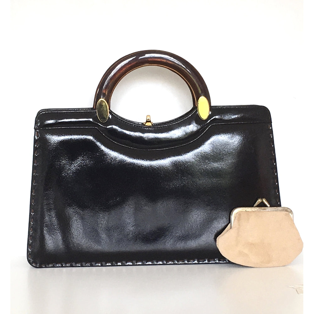 Vintage 70s Widegate Leather Bag, Purse, Black/Brown Patent, Unused, Lucite Top Handle in Faux Tortoiseshell, Very On Trend, Made in England