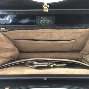Vintage 70s Widegate Leather Bag, Purse, Black/Brown Patent, Unused, Lucite Top Handle in Faux Tortoiseshell, Very on Trend, Made in England-Vintage Handbag, Large Handbag-Brand Spanking Vintage