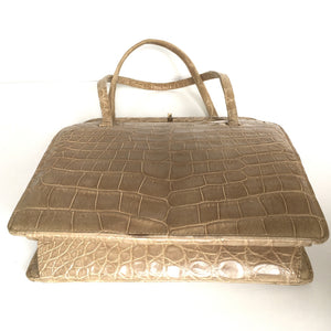 Exquisite Vintage Blond Crocodile Handbag, Small and Dainty 'Speedy' Style Handbag or Top Handle Bag with Gilt Clasp and Leather Lining-Vintage Handbag, Exotic Skins-Brand Spanking Vintage