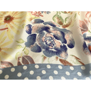 Large Vintage Foulard Silk Scarf With Stylised Summer Flowers and Blue/White Polka Dot Border-Scarves-Brand Spanking Vintage