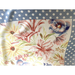 Large Vintage Foulard Silk Scarf With Stylised Summer Flowers and Blue/White Polka Dot Border-Scarves-Brand Spanking Vintage