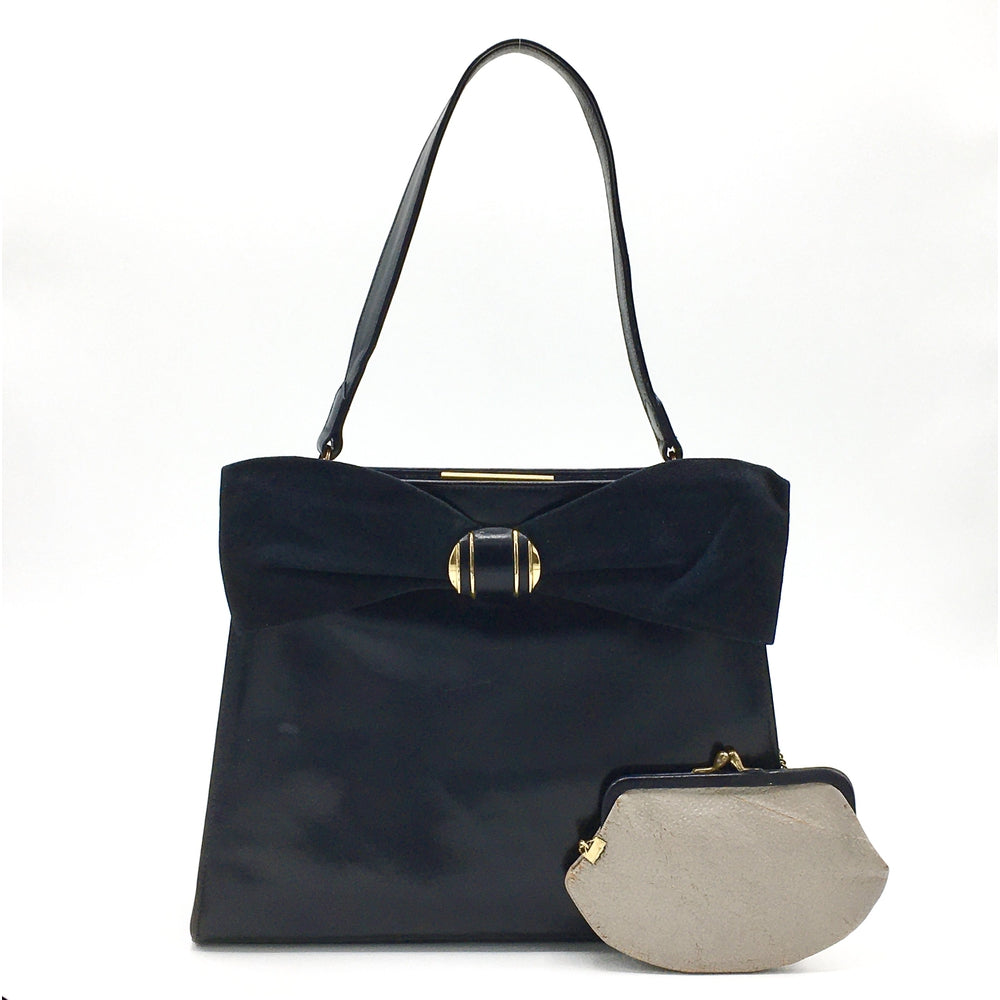 Vintage 50s Classic Navy Leather with Suede Bow Detail Classic Ladylike Bag by Waldybag with matching Coin Purse-Vintage Handbag, Kelly Bag-Brand Spanking Vintage