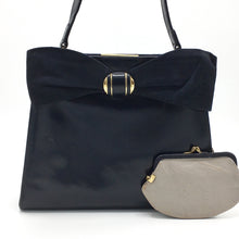 Load image into Gallery viewer, Vintage 50s Classic Navy Leather with Suede Bow Detail Classic Ladylike Bag by Waldybag with matching Coin Purse-Vintage Handbag, Kelly Bag-Brand Spanking Vintage
