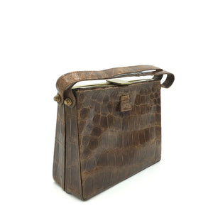 Exquisite Vintage Crocodile Skin Small And Dainty 30s/40s Square Box Bag In Rich Caramel Brown w/ Suede Lining-Vintage Handbag, Exotic Skins-Brand Spanking Vintage