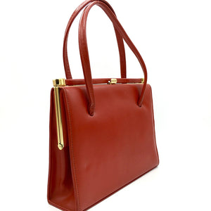 Vintage 50s Lipstick Red Leather Twin Handled Suede Lined Bag By Debroyal-Vintage Handbag, Kelly Bag-Brand Spanking Vintage