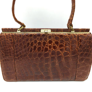 Beautiful Vintage 50s Handbag In Crocodile Skin By Riviera In Rich Chestnut/Copper-Vintage Handbag, Exotic Skins-Brand Spanking Vintage