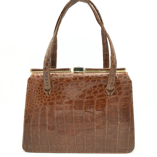 Stunning Vintage 50s Chestnut Caiman Crocodile Skin Handbag w/ Lock And Key From Argentina-Vintage Handbag, Exotic Skins-Brand Spanking Vintage