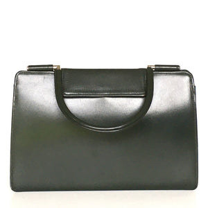 Vintage 60s 70s large slim green leather top handle handbag with silvertone fittings-Vintage Handbag, Kelly Bag-Brand Spanking Vintage