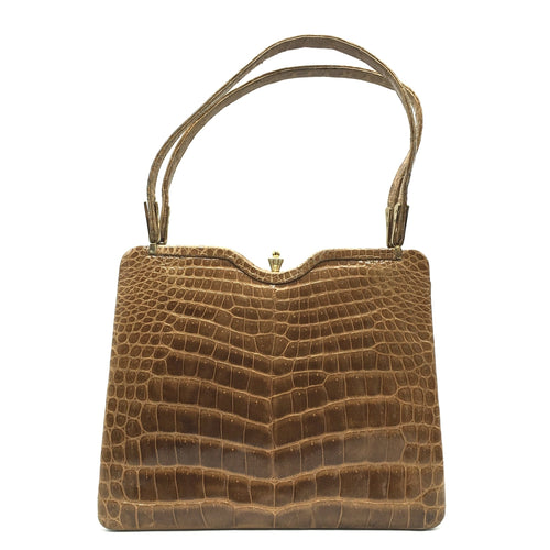 Exquisite Vintage 50s Twin Handled Caramel Crocodile Skin Handbag Leather Lined-Vintage Handbag, Exotic Skins-Brand Spanking Vintage
