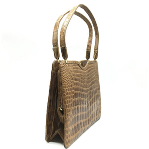 Exquisite Vintage 50s Twin Handled Caramel Crocodile Skin Handbag w/ Leather Lining-Vintage Handbag, Exotic Skins-Brand Spanking Vintage