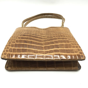 Exquisite Vintage 50s Twin Handled Caramel Crocodile Skin Handbag Leather Lined-Vintage Handbag, Exotic Skins-Brand Spanking Vintage