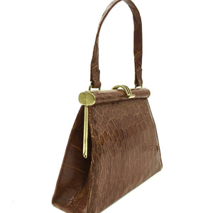 Vintage 40s/50s Adorable Small Chestnut Crocodile Skin Handbag By Waldybag-Vintage Handbag, Exotic Skins-Brand Spanking Vintage