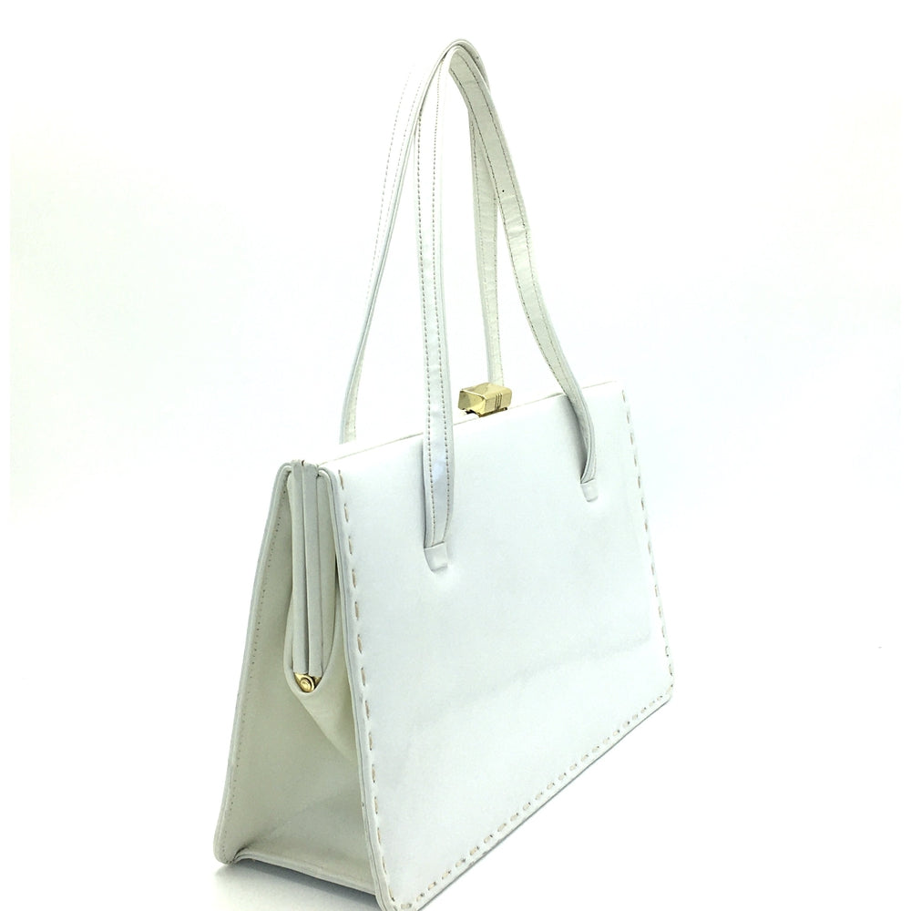 Vintage 50s/60s White Patent Leather And Ivory Leather Bag From Widegate Made in England-Vintage Handbag, Kelly Bag-Brand Spanking Vintage