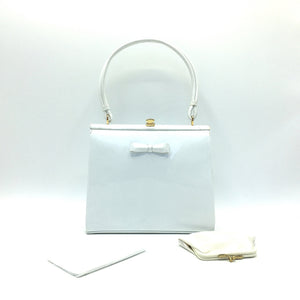 Vintage 50s/60s Exquisite Dainty White Patent Leather Waldybag, w/ Pretty Leather Bow Trim & Silk Coin Purse-Vintage Handbag, Kelly Bag-Brand Spanking Vintage