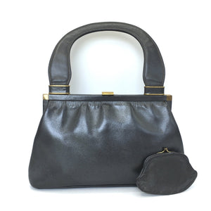Vintage Handbag In Gunmetal Grey Leather w/ Matching Leather Coin Purse By Widegate-Vintage Handbag, Kelly Bag-Brand Spanking Vintage