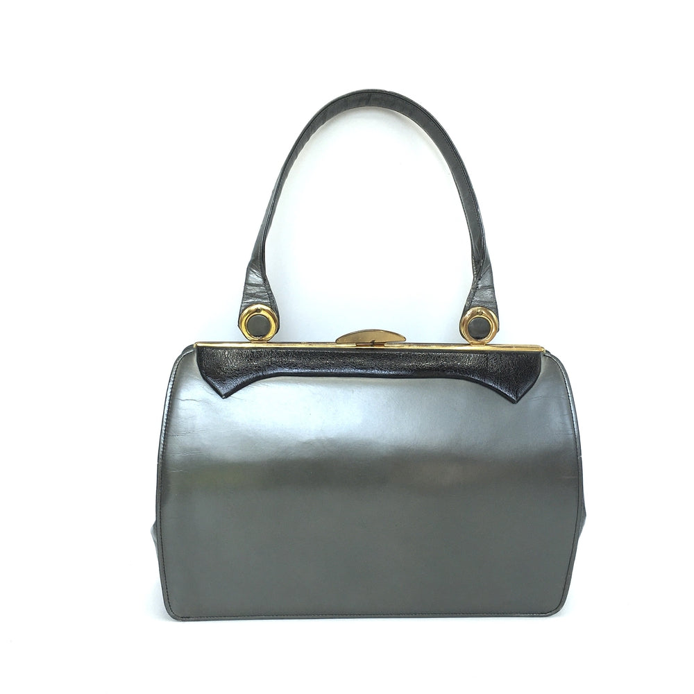 Vintage 50s/60s In Pearlised Grey Leather/Black Patent Leather Bag By Lederer For Russell & Bromley-Vintage Handbag, Kelly Bag-Brand Spanking Vintage
