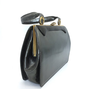 Vintage 50s/60s In Pearlised Grey Leather/Black Patent Leather Bag By Lederer For Russell & Bromley-Vintage Handbag, Kelly Bag-Brand Spanking Vintage