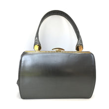Load image into Gallery viewer, Vintage 50s/60s In Pearlised Grey Leather/Black Patent Leather Bag By Lederer For Russell &amp; Bromley-Vintage Handbag, Kelly Bag-Brand Spanking Vintage
