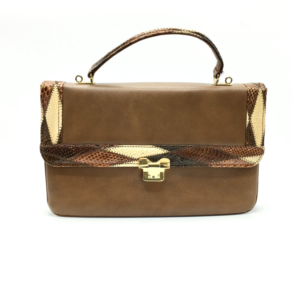 Vintage 60s 70s Leather And Snakeskin Jackie O Satchel Style