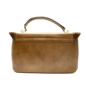 Vintage 60s/70s Leather And Snakeskin Jackie O Satchel Style Handbag, Purse, Top Handle Bag In Tan, Brown And Cream-Vintage Handbag, Kelly Bag-Brand Spanking Vintage