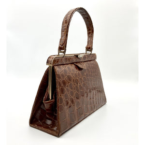 Vintage 50s Superb Quality Light Chestnut Crocodile Classic Ladylike Bag w/ Tan Leather Lining By Widegate-Vintage Handbag, Exotic Skins-Brand Spanking Vintage