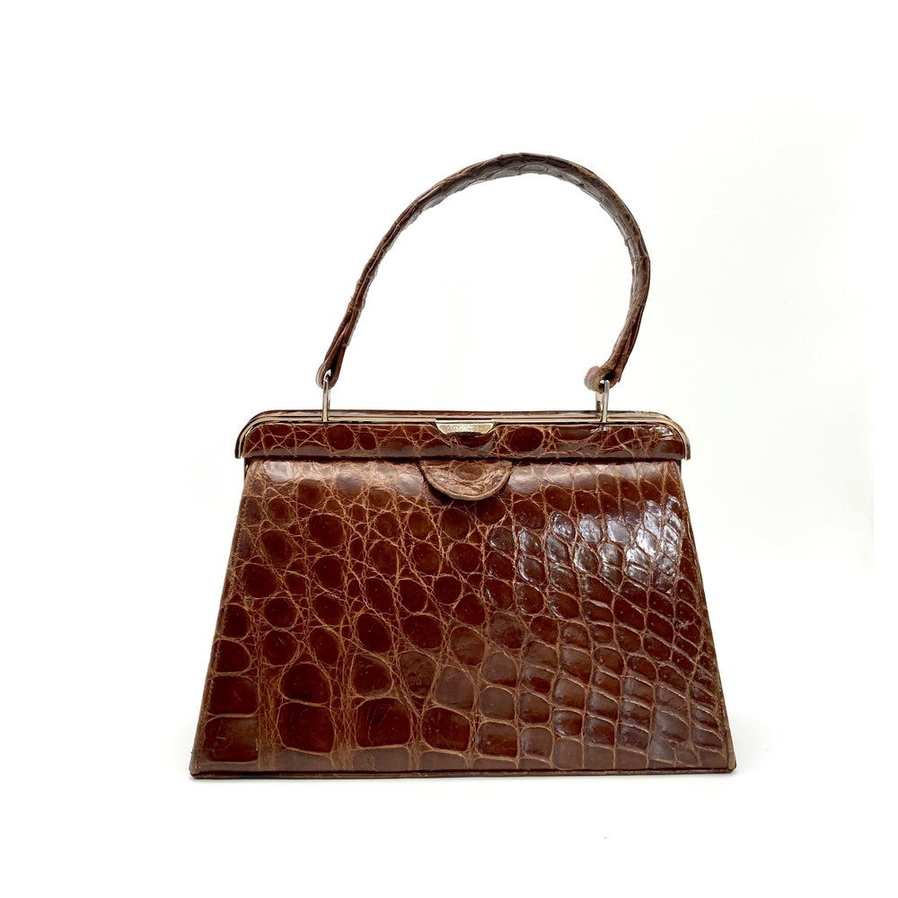 Vintage 50s Superb Quality Light Chestnut Crocodile Classic Ladylike Bag w/ Tan Leather Lining By Widegate-Vintage Handbag, Exotic Skins-Brand Spanking Vintage