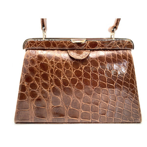 Vintage 50s Superb Quality Light Chestnut Crocodile Classic Ladylike Bag w/ Tan Leather Lining By Widegate-Vintage Handbag, Exotic Skins-Brand Spanking Vintage