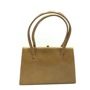 Vintage Handbag w/ Twin Handles In Light Tan/Beige Patent w/ Gilt Trim By 'K' Handbags-Vintage Handbag, Kelly Bag-Brand Spanking Vintage