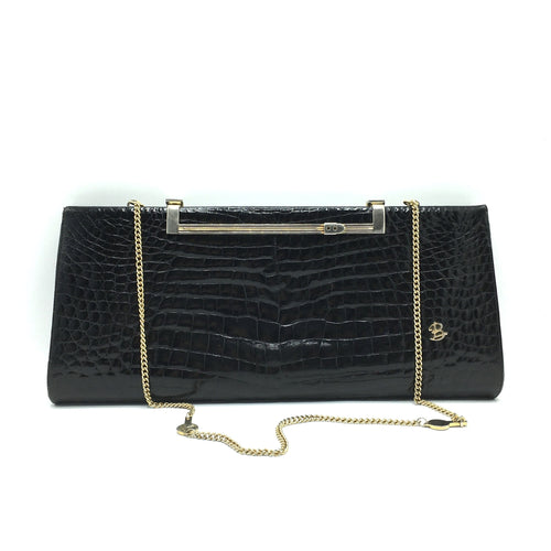 Vintage 60s/70s Large Black Crocodile Skin Clutch/Chain Bag w/ Integral Mirror By Ellebi Made In Italy-Vintage Handbag, Exotic Skins-Brand Spanking Vintage