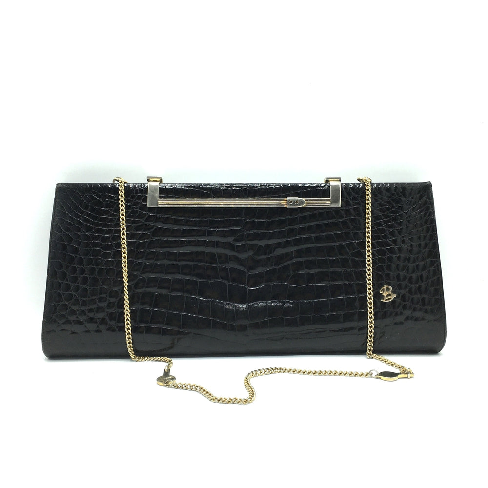 Vintage 60s/70s Large Black Crocodile Skin Clutch/Chain Bag w/ Integral Mirror By Ellebi Made In Italy-Vintage Handbag, Exotic Skins-Brand Spanking Vintage