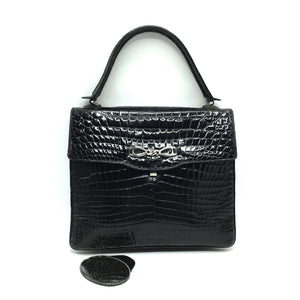Stunning Vintage 60s Black Crocodile Jackie O Style Bag w/ Silver Tone Clasp And Matching Crocodile Backed Mirror, Made In W Germany-Vintage Handbag, Exotic Skins-Brand Spanking Vintage