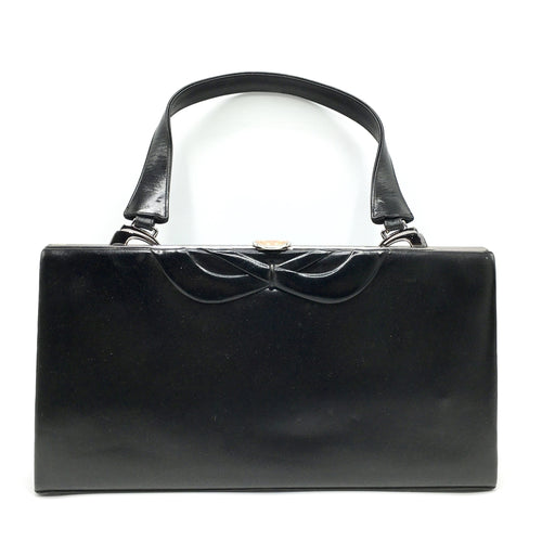 Vintage 50s Exquisite Large Black Leather Waldybag Classic Ladylike Bag With Silver Tone Frame And Copper Clasp-Vintage Handbag, Large Handbag-Brand Spanking Vintage