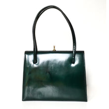 Load image into Gallery viewer, Vintage 50s 60s Green Patent Leather handbag, Top Handle Bag, Mrs Maisel Bag in Forest Green Mottled Patent Leather Made for Lotus in the UK-Vintage Handbag, Kelly Bag-Brand Spanking Vintage

