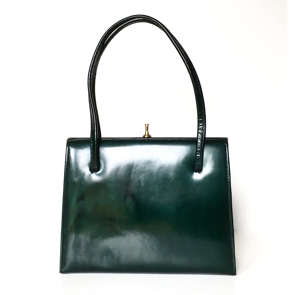 Vintage 50s 60s Green Patent Leather handbag, Top Handle Bag, Mrs Maisel Bag in Forest Green Mottled Patent Leather Made for Lotus in the UK-Vintage Handbag, Kelly Bag-Brand Spanking Vintage