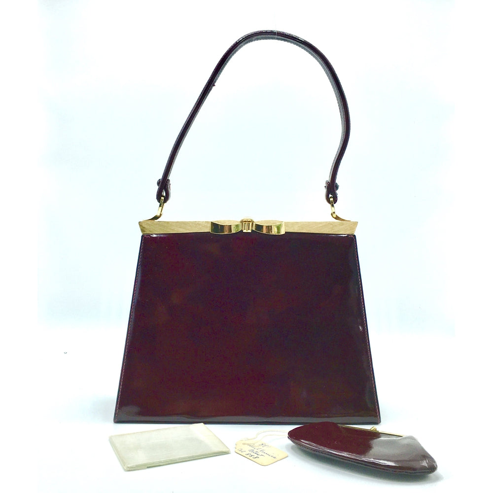 Vintage 1950s Burgundy Patent Leather Bag w/ Matching Coin Purse By Lodix-Vintage Handbag, Kelly Bag-Brand Spanking Vintage
