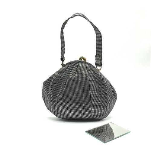 Gorgeous Little Vintage 50s Black And Silver Fabric 'Dolly Bag' Style Evening Bag w/ Original Mirror-Vintage Handbag, Evening Bag-Brand Spanking Vintage