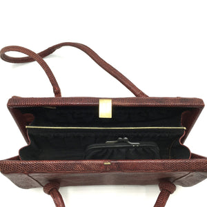 Vintage 30s/40s Cute Dark Rust Red Lizard Skin Handbag w/ Matching Coin Purse On Chain By Tarkor-Vintage Handbag, Exotic Skins-Brand Spanking Vintage