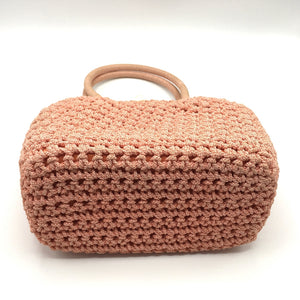 Vintage 60s Crocheted Raffia Style Gilt Clasp Handbag, Dolly Bag, Pinky Peach, Orange Made In Italy, w/ Long Ruched Orange Nylon Gloves-Vintage Handbag, Dolly Bag-Brand Spanking Vintage