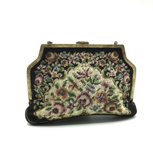 Vintage 50s Petit Point Evening Bag w/ Gilt Chain, Satin Lining And Matching Satin Backed Mirror-Vintage Handbag, Evening Bag-Brand Spanking Vintage