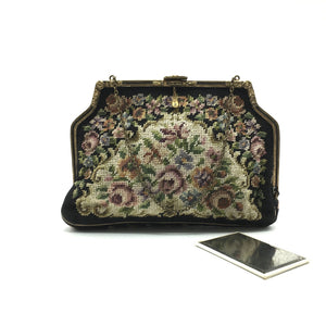 Vintage 50s Petit Point Evening Bag w/ Gilt Chain, Satin Lining And Matching Satin Backed Mirror-Vintage Handbag, Evening Bag-Brand Spanking Vintage