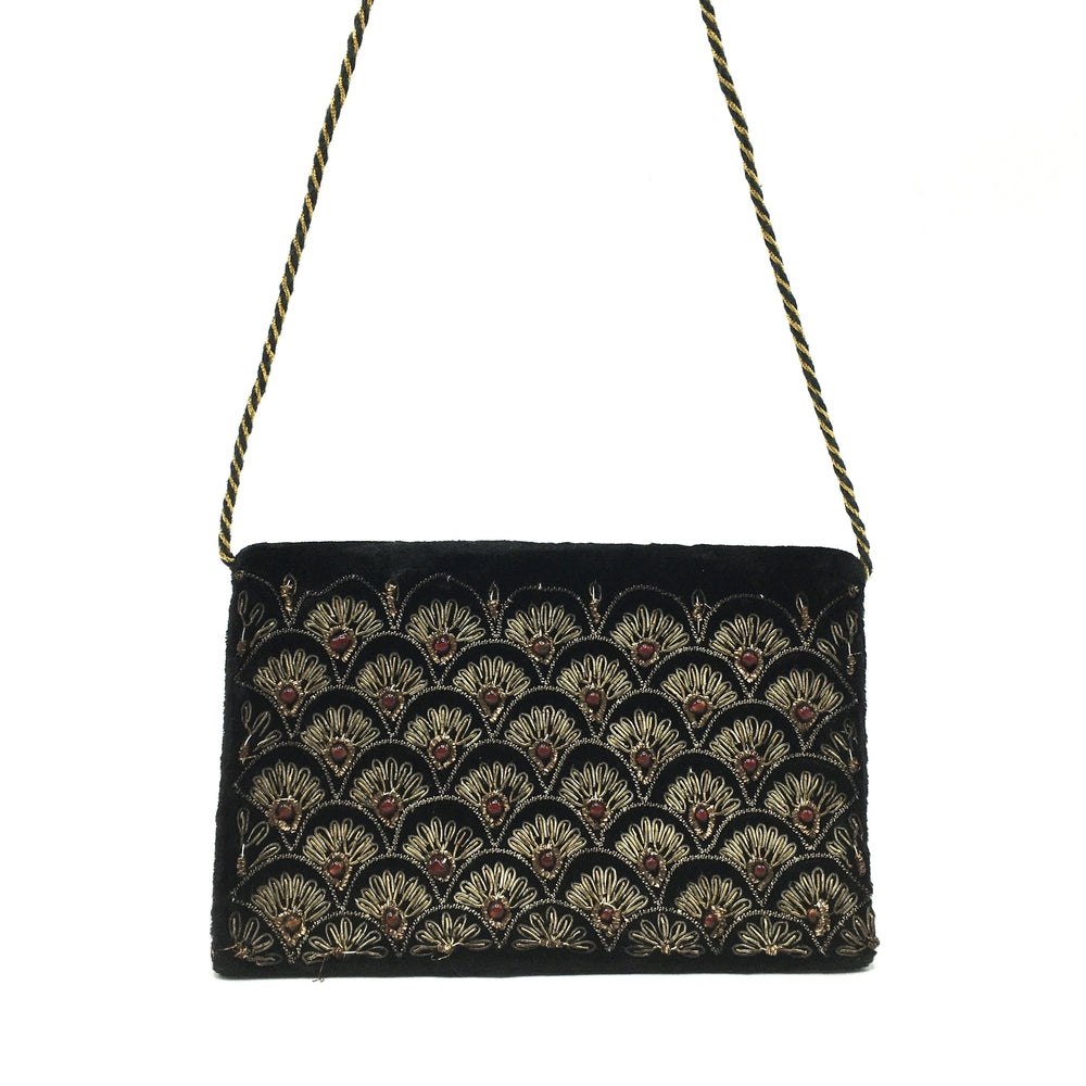 Vintage Black Velvet Evening Bag w/ Gold Embroidery And Red Beading-Vintage Handbag, Evening Bag-Brand Spanking Vintage