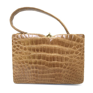 Vintage Handbag In Caramel Crocodile Skin w/ Cream Leather Lining By Riviera Made In England-Vintage Handbag, Exotic Skins-Brand Spanking Vintage