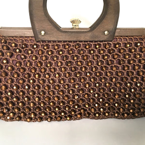Vintage 60s 70s Crocheted/Beaded Raffia Style Dainty Gilt Clasp Top Handbag, Tobacco Brown w/ Copper Sparkly Beads, Wooden Handle-Vintage Handbag, Dolly Bag-Brand Spanking Vintage
